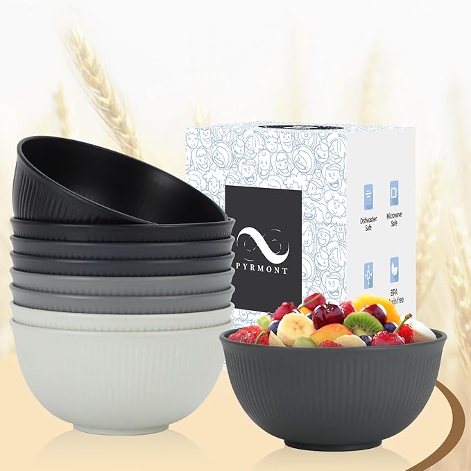 PYRMONT Unbreakable Cereal Bowl 26 OZ Wheat Straw Bowls Set of 8 Alternative Plastic Bowls Reusable Dishwasher & Microwave Safe Breakfast Bowls for Party Kitchen Bowls for Soup,Dinner-Black to Grey