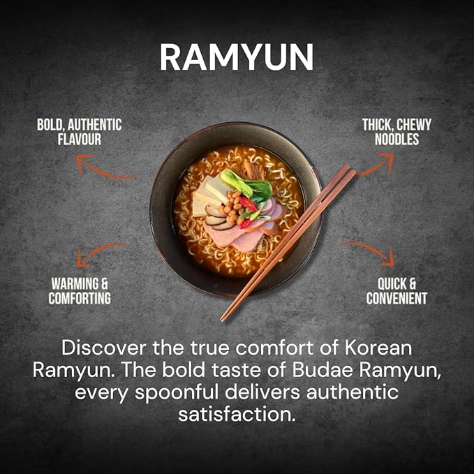 Korean instant ramen with thick noodles and a spicy, savoury broth. The Han Kitchen Pocha Ramyun K-Army Budae Jjigae style noodles, ready in 5 minutes.118 g (Pack of 4)