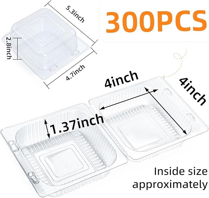 Evnlo 300 Count Clear Plastic Containers with Lids for Food, Thickened Disposable Sandwich Containers Clamshell Boxes for Cake Slice, Dessert, Hamburger, Salad, Pastry, Fruits, Takeout Tray