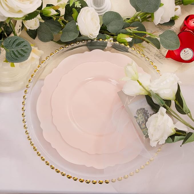 WDF 60pcs Pink Plastic Plates - Baroque Pink Disposable Plates Including 30 Dinner Plates 10.25inch, 30 Dessert Plates 7.5inch for Upscale Wedding/Baby Shower/Spring