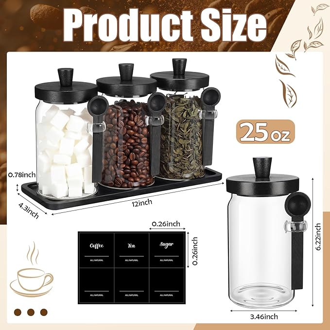 Suclain 3 Pcs Glass Coffee Container with Wooden Lid Spoon Shelf Labels Clear Airtight Jar Food Storage Canister Set for Sugar Spice Coffee Bean Holder Housewarming Gift(25 oz,Black Bamboo)