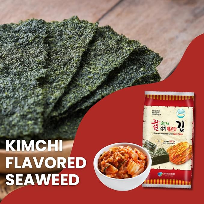 Korean Crispy Seaweed Snacks, Kimchi Spicy Flavor – 24 Pack, Crunchy Snack, Individual Sheets Roasted Nori, Vegan, Gluten-Free, 100% Natural Laver