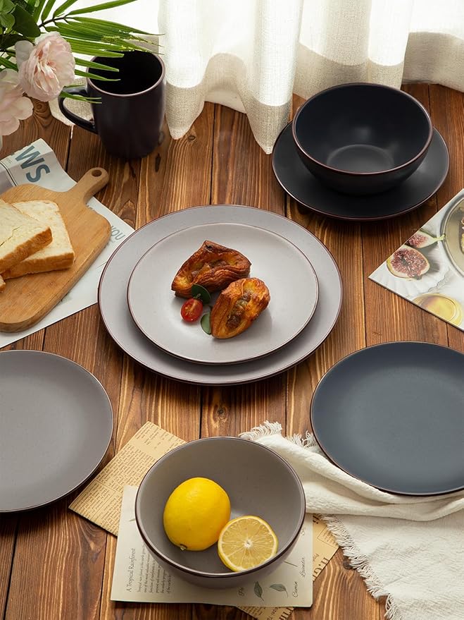 Famiware Venus Plates and Bowls Sets with Trim, 24 Pieces Speckled Stoneware Dinnerware Set for 8, Matte Multicolor - Microwave & Dishwasher Safe, Modern Minimalist Dish Set, Everyday & Formal Use