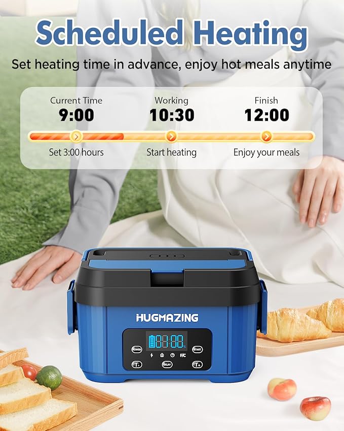 Hugmazing Cordless Electric Lunch Box for Adults, Men & Women – Rechargeable Self-Heating Food Warmer with 1.2L SS Container, Battery-Powered Heated Lunch Box, Perfect for Work and Travel Use