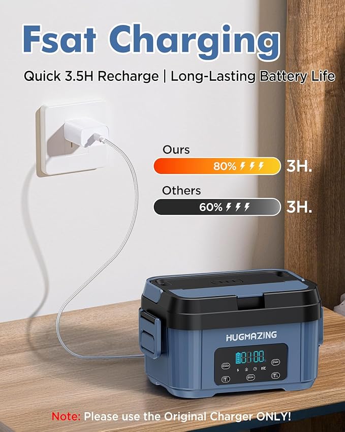 Hugmazing Cordless Electric Lunch Box for Adults, Men & Women – Rechargeable Self-Heating Food Warmer with 1.2L SS Container, Battery-Powered Heated Lunch Box, Perfect for Work and Travel Use