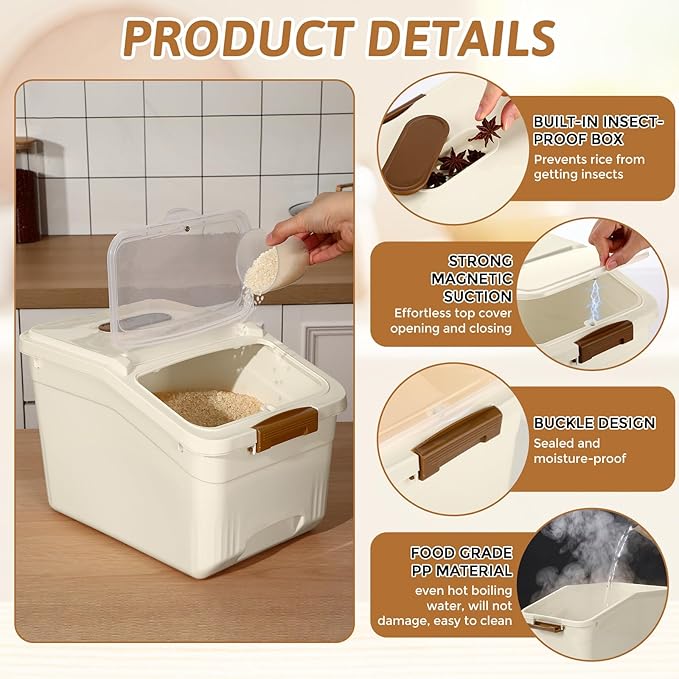 Blushtier 4 Pack Large Rice Storage Containers 30 Lbs Airtight Flour Container with Seal Locking Lid and Measuring Cup Kitchen Dry Food Storage Bins for Cereal Sugar Beans(Butter Yellow)