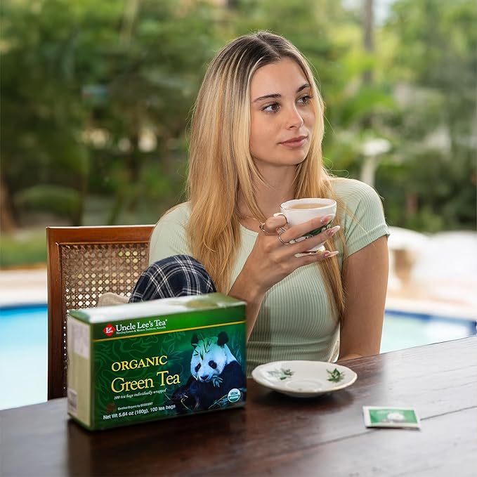 Uncle Lee's Organic Green Tea Bags 2-Pack, 106-Count Super Packs – Bright & Refreshing, Lightly Caffeinated Bulk Tea for Home, Office, Camping