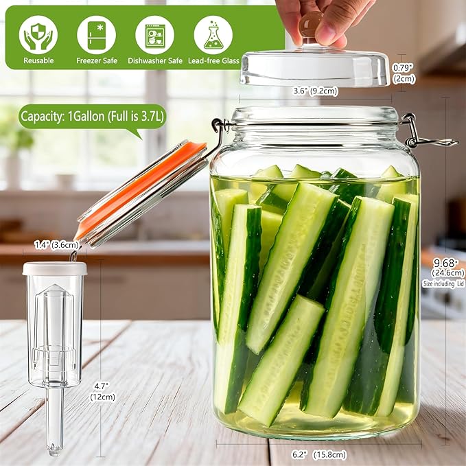 2 Pack 1 Gallon Glass Fermentation Jars with Airlocks & Weights – 4.7" Wide Mouth Sauerkraut Jar Set for Brewing, Pickles, Kombucha, Kimchi – Complete Fermenting Kit for Beginners