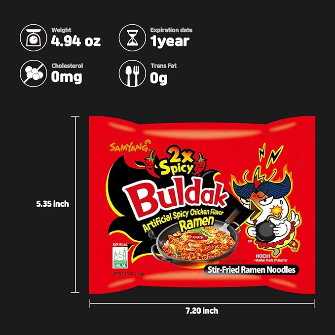 Samyang 2X Buldak Korean Spicy Chicken Stir Fried Ramen Extra Hot Spicy Noodles Authentic Ramyun 4.94 oz (Pack of 40)