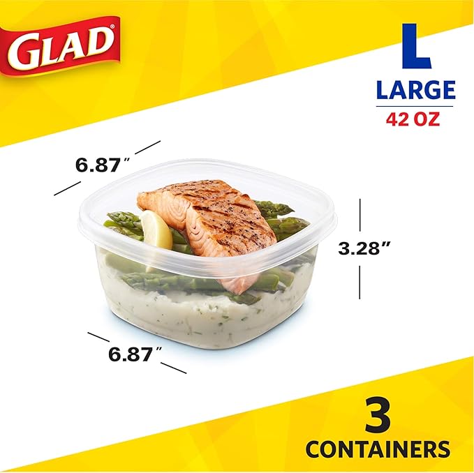 Glad GladWare Tall Entree Food Storage Containers with Lids, Large Square BPA Free Plastic for Meal Prep and Lunches, Lock Tight Seal, Microwave and Dishwasher Safe, 42 Oz, 3 Count