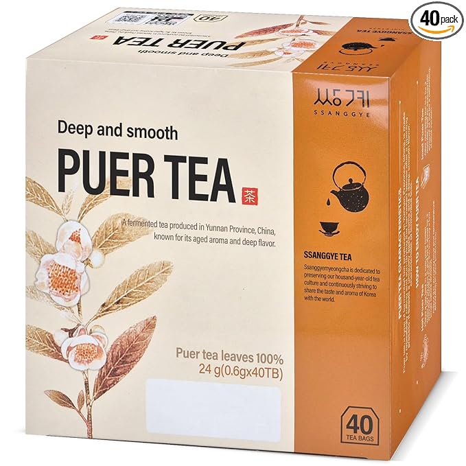 Ssanggye Puer Tea 0.6g x 40 Tea Bags, Premium Korean Herbal Pu-erh Tea Hot Cold Brew Black Tea, Loose Leaf Oriental Soothing Savory Deep Herb Flavor 4 Seasons Daily Drink Made in Korea