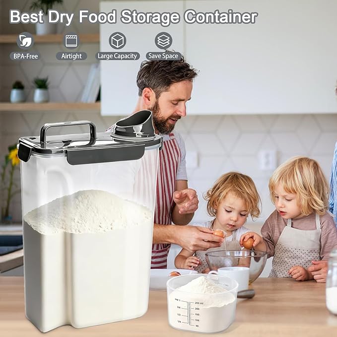 Komzon Rice Storage Containers, Rice dispenser with Pouring Spout Portable Handle for Flour, Pasta, Grain and Baking, Pet Dog Cat Bird Food Container 20 LB Grey
