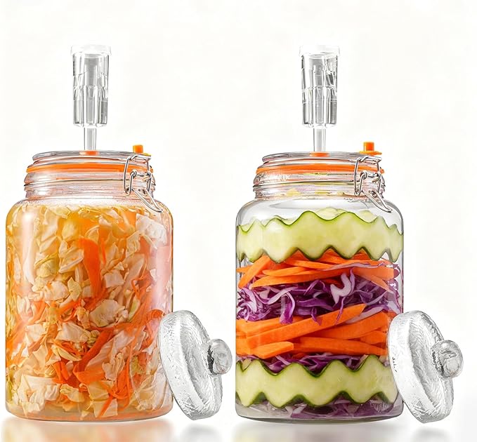 BestYiJo 2PCS 1 Gallon (3.75L) Fermentation Jars with 2 Glass Weights & 2 Airlocks - Ideal for Kombucha, Sauerkraut, Pickles, Sourdough Starter, Kimchi and More