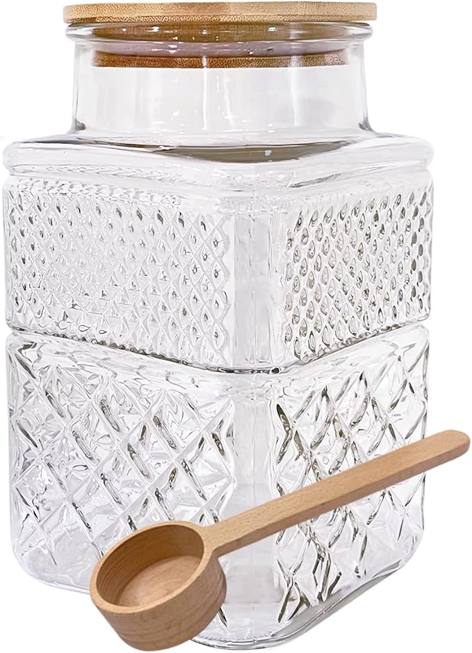 Viovian Large Glass Jar with Wood Lid and Spoon 60 OZ Square Thick Glass Storage Jars Airtight Lids Clear Decorative Vintage Canister for Food Candy Cookie Sugar Coffee Nuts Snack Dog Treat