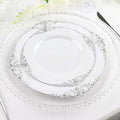 Efavormart 10 Pack | 10" White and Silver Baroque Dinner Plates, Leaf Embossed Metallic Rim Heavy Duty Serving Plates for Military Galas and Formal Events