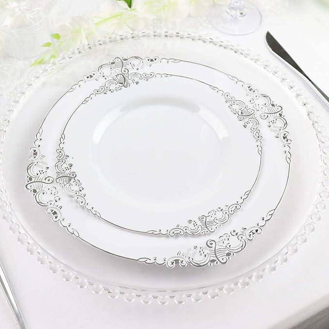 Efavormart 10 Pack | 10" White and Silver Baroque Dinner Plates, Leaf Embossed Metallic Rim Heavy Duty Serving Plates for Military Galas and Formal Events