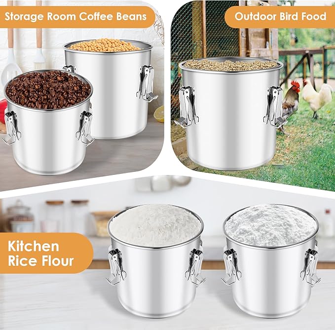 304 Stainless Steel Food Containers with Lids,21L/40LBS Airtight Food Storage Containers with Lock Clips for Flour Rice Sugar Coffee Bean,Stainless Steel Food Storage Containers for Kitchen
