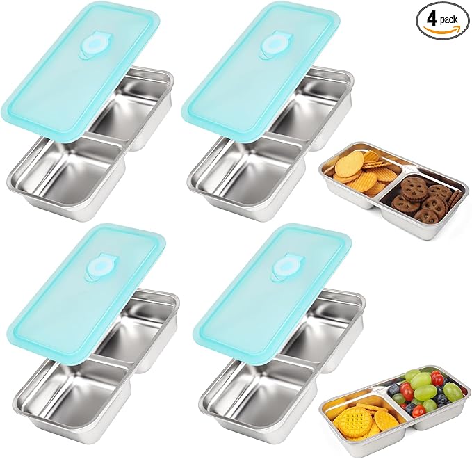 Stainless Steel Snack Containers, 4 Pack Grab and Go Snack Containers Reusable, Double Compartment Food Storage Containers with Lids, Lunch Box Containers for Travel, Outdoor Camping and Daily Use