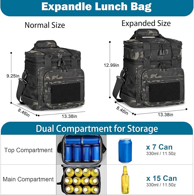 GLENKEY Tactical Lunch Box Cooler Bag - Expandable Insulated Lunch Bag for Men Women - XLarge Lunchbox for Adults Work Shifts Outdoor Trips Black Camo 22L