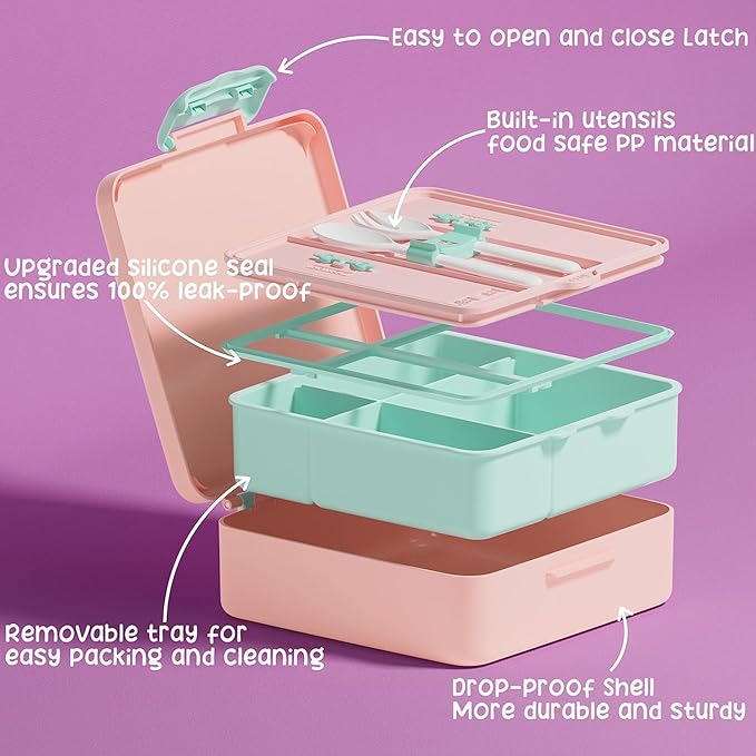 Fimibuke Kids Bento Snack Lunch Box with 4 Compartment, Insulated Lunch Bag, Stainless Steel Vacuum Thermo Food Jar, Ice Pack, Utensils Set, Birthday Gifts for Age 3-12 Back to School Toddler Girl Boy