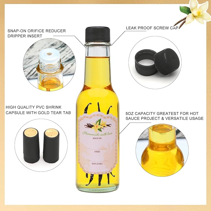 5oz Clear Woozy Bottles with Shrink Capsules,Small Wine Bottles With Shirnk Bands Glass Hot Sauce Bottles,Empty Small Beverage/Canning Bottles With Black Caps Set of 25