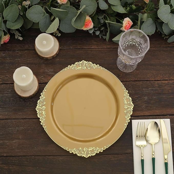 Efavormart 10 Pack | 10" All-Gold Baroque Dinner Plates, Leaf Embossed Metallic Rim Heavy Duty Serving Plates for Prestigious Ballroom Events