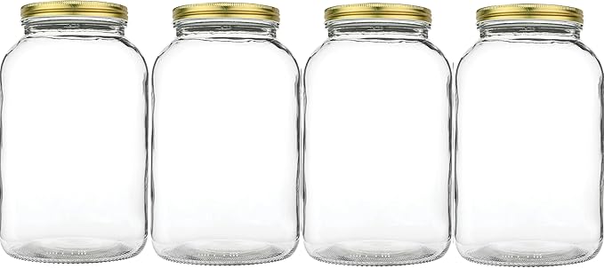 kitchentoolz 1 Gallon Glass Large Mason Jar Wide Mouth with Metal Airtight Lids (4 Pack) - Fermentation Kombucha Kefir Kimchi - Storing Canning Pickling Containers -Gold Lids