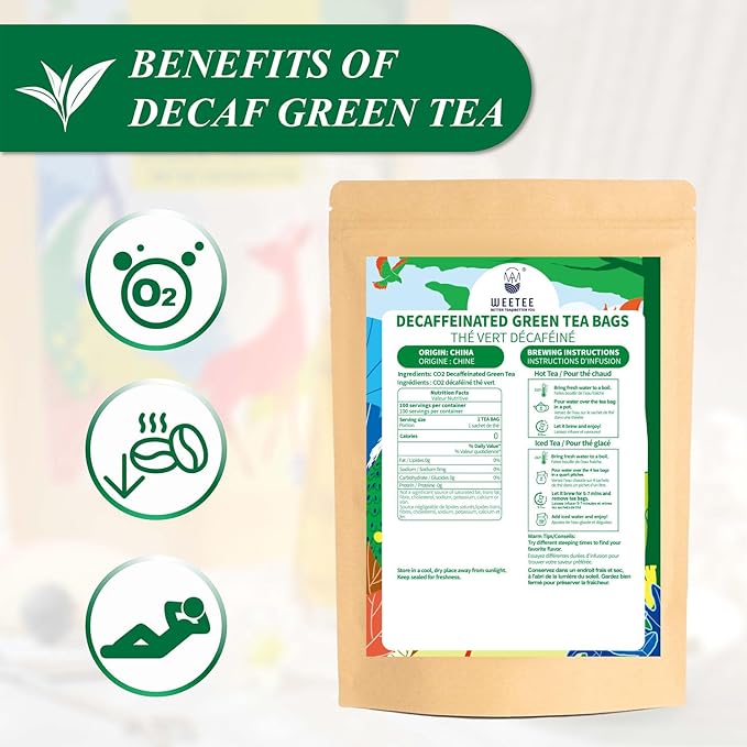 WT WEETEE Decaf Green Tea Bags, 100 Count CO2-Decaffeinated Green Tea, Drink All Day | Super Antioxidant | Resealable Kraft Bag