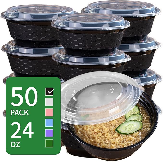 24 oz Round Food Containers - 50 Pack Commercial, BPA-Free, Freezer/Dishwasher Safe - For Salads, Grain Bowls & Side Dishes