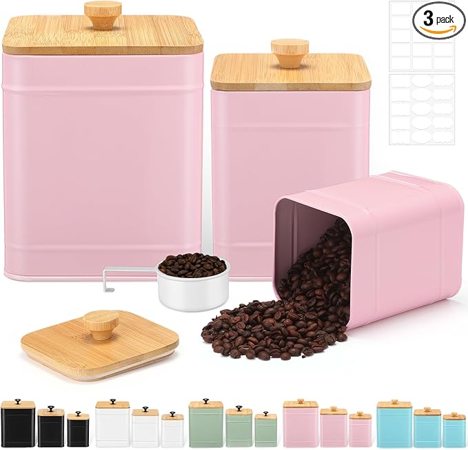 Tioncy Kitchen Canisters for Countertop Set of 3 Metal Canisters Sets with Bamboo Lids Spoon Airtight High Capacity Coffee Tea Sugar Flour Jars with DIY Labels Farmhouse Food Storage(Pink,L,M,S)