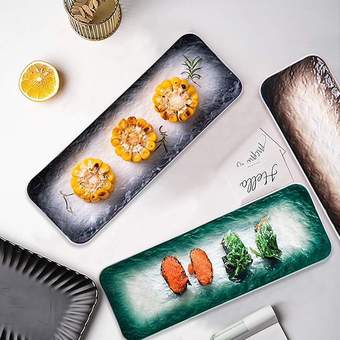 Eglaf 11.5'' Ceramic Platters - Rectangular Embossed Texture Sushi Plates - Party Porcelain Serving Trays for Appetizer, Dishes Decoration, Entertain Guests (Set of 3 Colors)