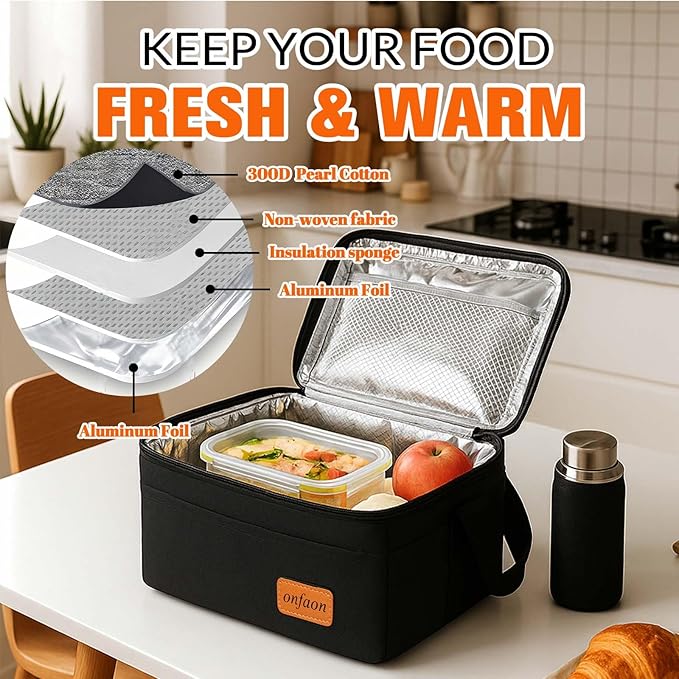 ONFAON Lunch Bag for Men/Women, Insulated Reusable Lunch Box Leakproof Cooler Tote Bag Freezable with Adjustable Shoulder Strap for Office Work Picnic Beach(Black)