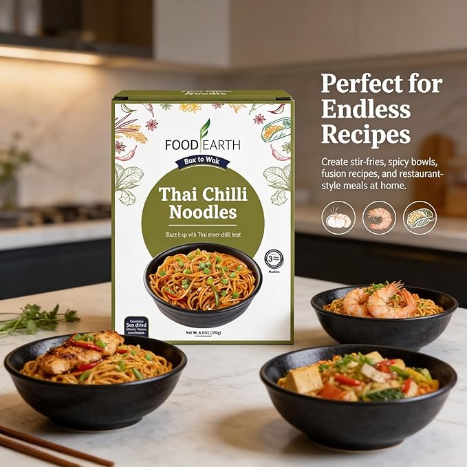 Food Earth Thai Chilli Noodles 250g | Spicy Thai Style Stir Fry Noodles | Quick Cook Non-Sticky Noodles for Wok, Chow Mein & Lo Mein | Easy Meal Kit | Medium Spice – 250g Pack