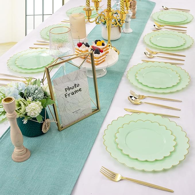 LIYH 60 Pcs Light Green Plastic Plates with Gold Edges, Disposable Sage Green and Gold Plastic Plates Includes 30 Dinner Plate 10.25 Inch and 30 Dessert Plate 7.5 Inch for Birthday Party