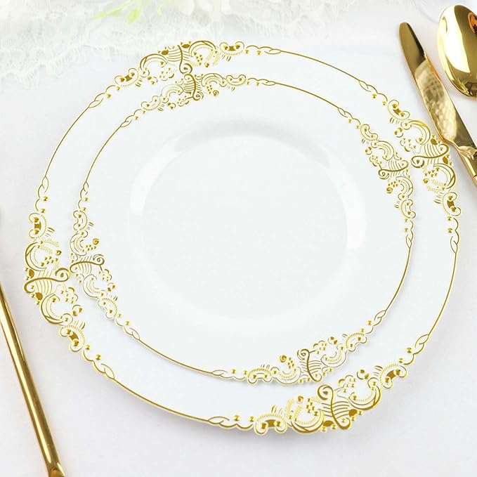 Efavormart 10 Pack | 8" White and Gold Baroque Dessert Plates, Leaf Embossed Metallic Rim Heavy Duty Appetizer Plates for Traditional Bridal Showers