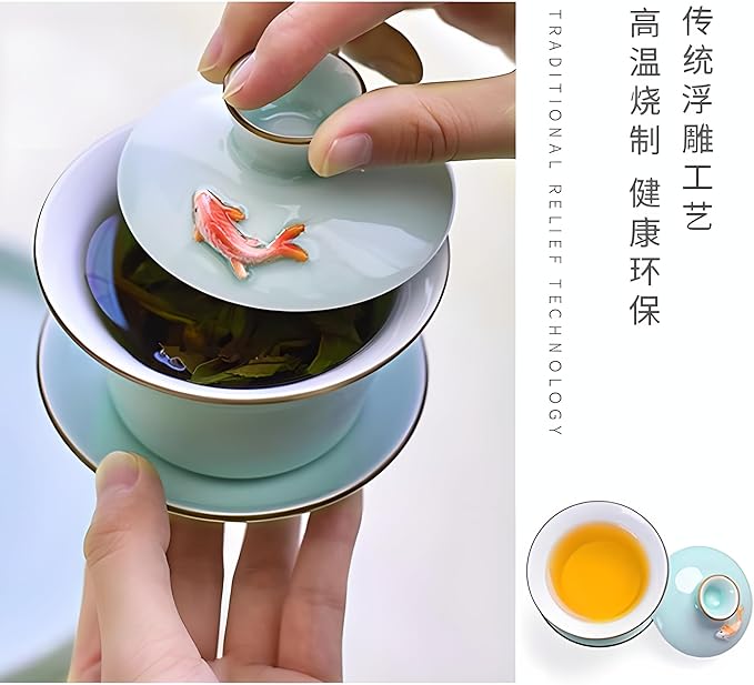 Yixing Handmade Celadon Colorful Koi Fish Gaiwan,Chinese Gongfu Tea Cup,Japanese Teacup, Tea Bowl with Lid and Saucer(Gaiwan)