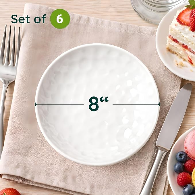 HOMBENE Dessert Pasta 8 Inches Set for 6, Sun-glitter Style, Salad Plates, Porcelain Round Shaped Dinner Plates for Kitchen, Porcelain Dinner, Microwave & Dishwasher Safe, White