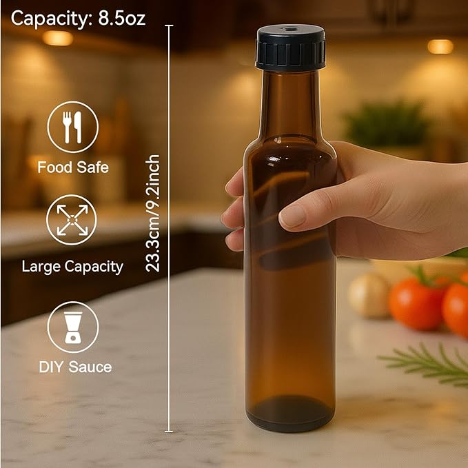 WERTIOO Hot Sauce Bottles,21 Pack 8.5 OZ Bottle with Leak Proof Screw Caps, Glass Square With Caps Shrink Capsules for Oil, Vinegar,Syrup, Oil Dispensing Bottles