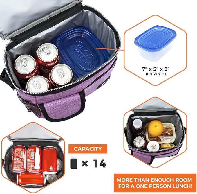 opux Insulated Lunch Box for Men Women Kids, Leakproof Reusable Lunch Bag Cooler for Work School Office, Soft Thermal Lunchbox Tote Shoulder Strap for Boys Girls Adults, Heather Purple, 14 Can/8L