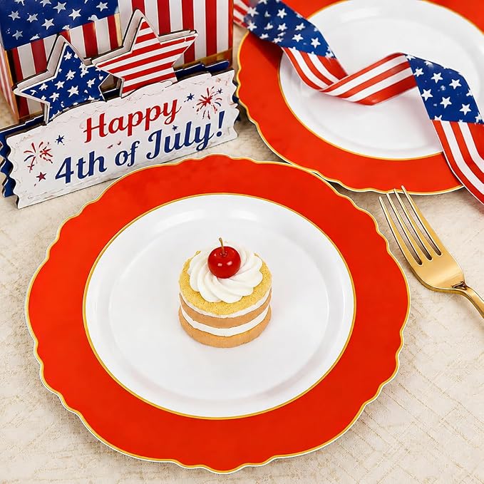 WDF 60pcs Red Plastic Plates Disposable - 7.5inch Heavy Duty Red Dessert/Salad/Cake Plates for Wedding Party Birthday/Memorial Day/4th of July