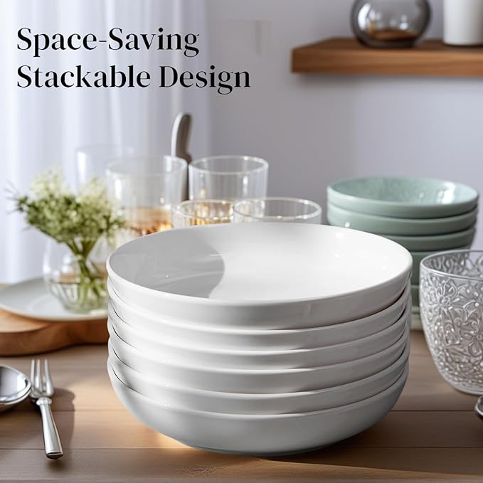 DeeCoo 7 Pack Porcelain Pasta Bowls Ceramic , Large Serving Bowl, Wide and Shallow, Set 8.3 Inch - 30 Ounce - for Pasta, Salad, Cereal, Soup & Microwave & Dishwasher Safe