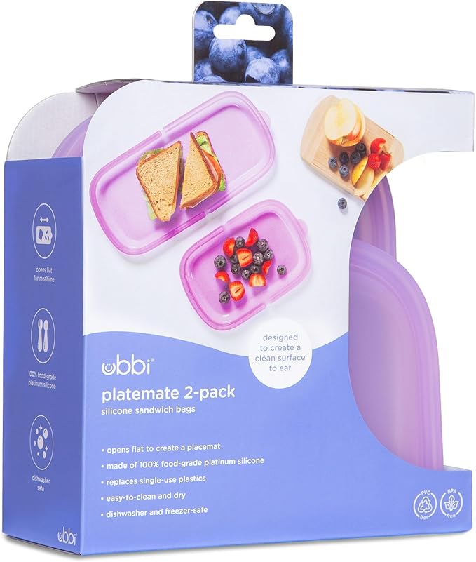 Ubbi Platemate Reusable Silicone Storage Bag, Opens Flat as Placemat, Dishwasher and Freezer-Safe, Lunch Container, Leakproof Sandwich & Snack Bag, Easy to Clean, BPA-Free, Smoothie Purple