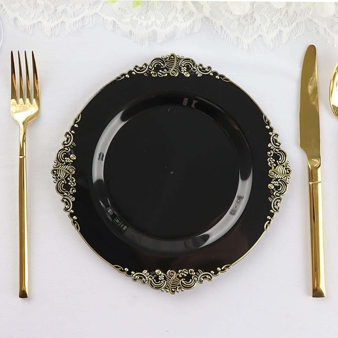Efavormart 10 Pack | 8" Black and Gold Baroque Dessert Plates, Leaf Embossed Metallic Rim Heavy Duty Appetizer Plates for Modern Moody Socials