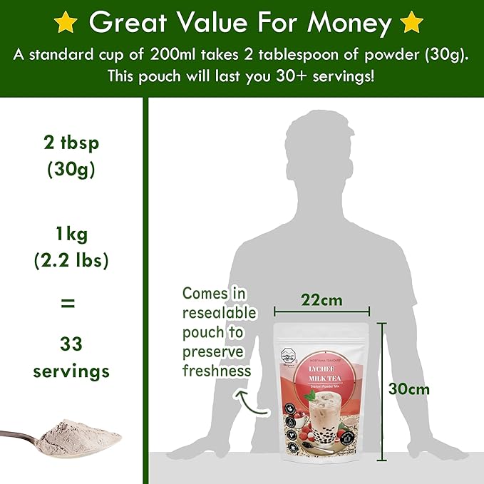 Lychee Bubble Milk Tea Instant 3in1 Powder Mix - 1kg (33 Drinks) | For Boba Tea, Milkshake, Blended Frappe and Bakery | Authentic Taiwan Recipe | 0 Trans Fat, No Preservatives by Moriyama Teahouse