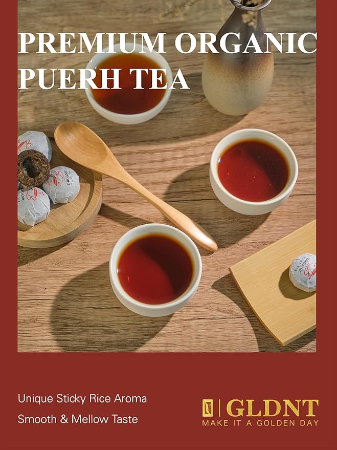 GLDNT Organic Pu-erh Tea, 20 Count Organic Puerh Mini Cakes, Glutinous Rice Aroma, Smooth & Mellow Flavor, Caffeinated, 3.5oz