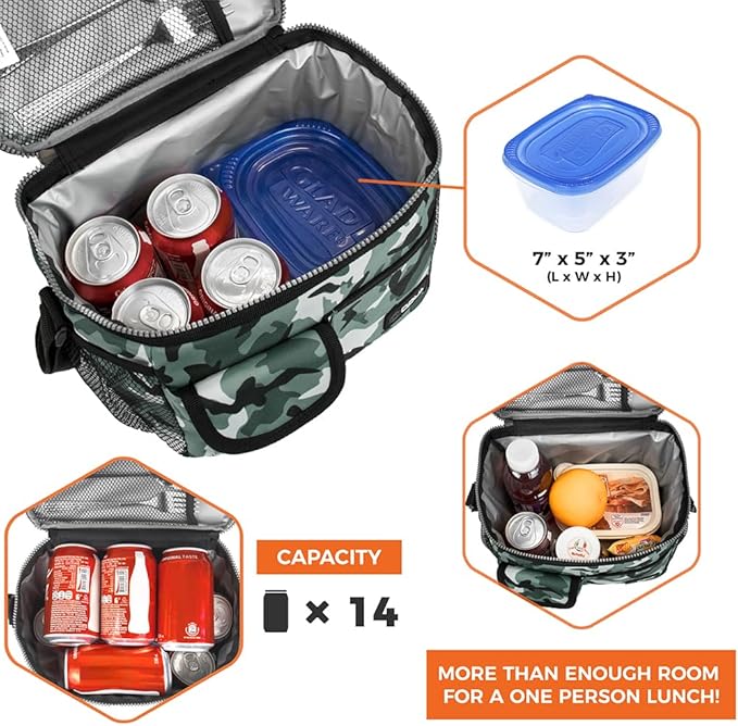 opux Insulated Lunch Box for Men Women Kids, Leakproof Reusable Lunch Bag Cooler for Work School Office, Soft Thermal Lunchbox Tote with Shoulder Strap for Boys Girls Adults, Camo Green, 14 Can/8L