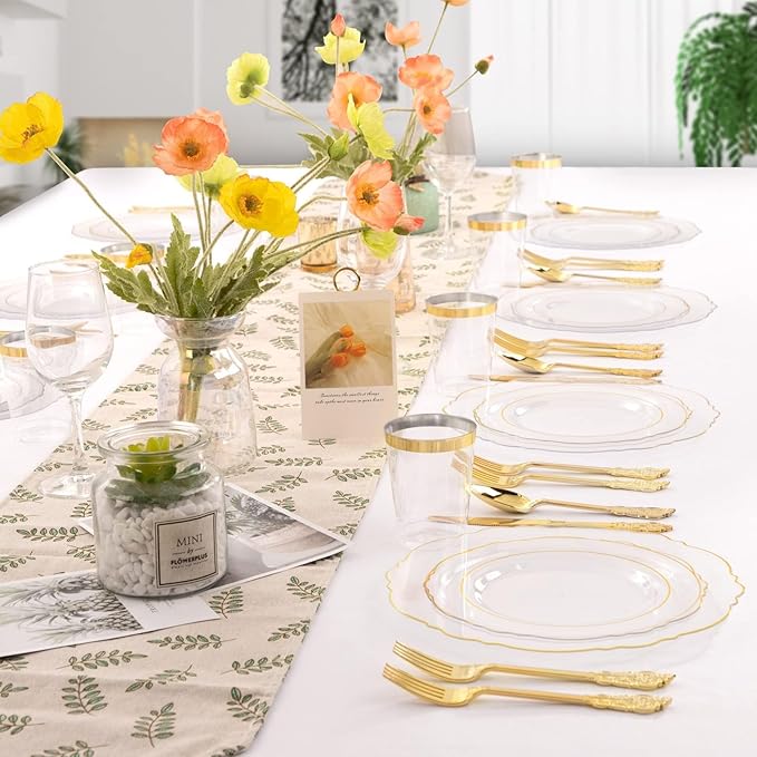 WDF 100pcs Clear Disposable Plastic Plates With Gold Trim - Baroque Clear Gold including 50PCS Dinner Plates 10.25inch and 50PCS Salad Plates 7.5inch for Wedding Baby Shower Spring Birthday
