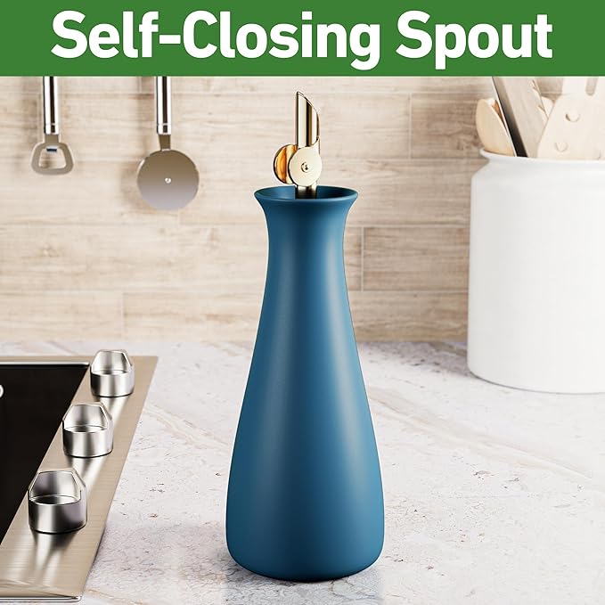 Ceramic Olive Oil Dispenser with Self-Closing Gold Spout - 530 ML Capacity Matte Blue Ceramic Oil Dispenser for Kitchen - Leak Proof EVOO Dispensing Bottle - Stylish, Ergonomic, Durable, Easy Pour