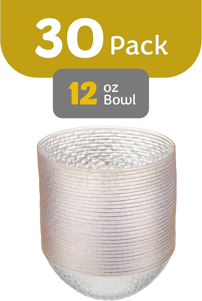 PLASTICPRO 30 Pack 12 Ounce Hammered Plastic Bowls, Heavyweight Disposable Bowl Set, Elegant Clear with Gold Rim, BPA Free, for Parties, Dinners, Events