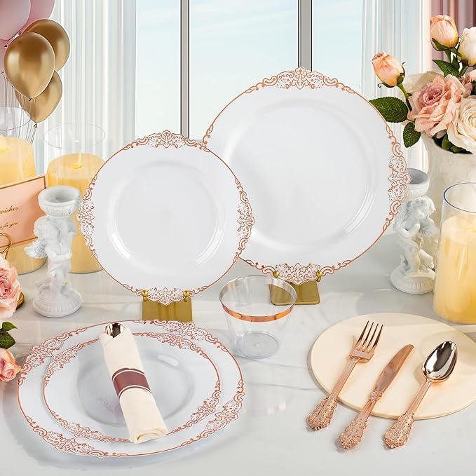 Bestluck 175PCS Rose Gold Plastic Plates for 25 Guests, Disposable Dinnerware Sets Include 50 Rose Gold Rim Plastic Plates, 25 Silverwares and 25 Cups, 25 Pre Rolled Napkins for Party, Graduation